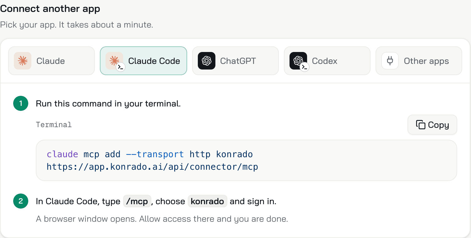 The setup guide on the Claude Code tab: the command with the address and its Copy button, then the /mcp step