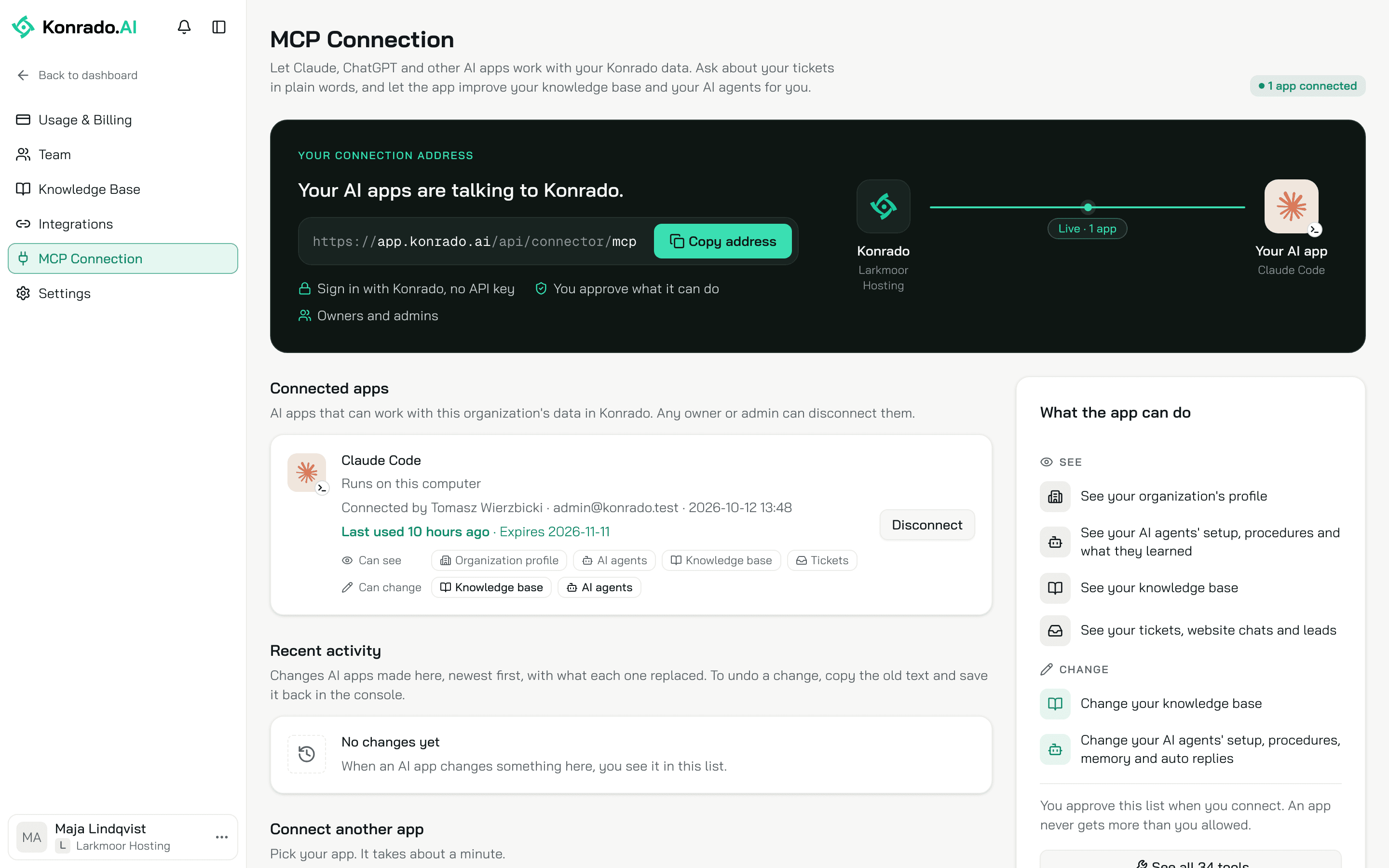 The MCP Connection page with one app connected: the connection address with Copy address, Claude Code under Connected apps, and What the app can do on the right