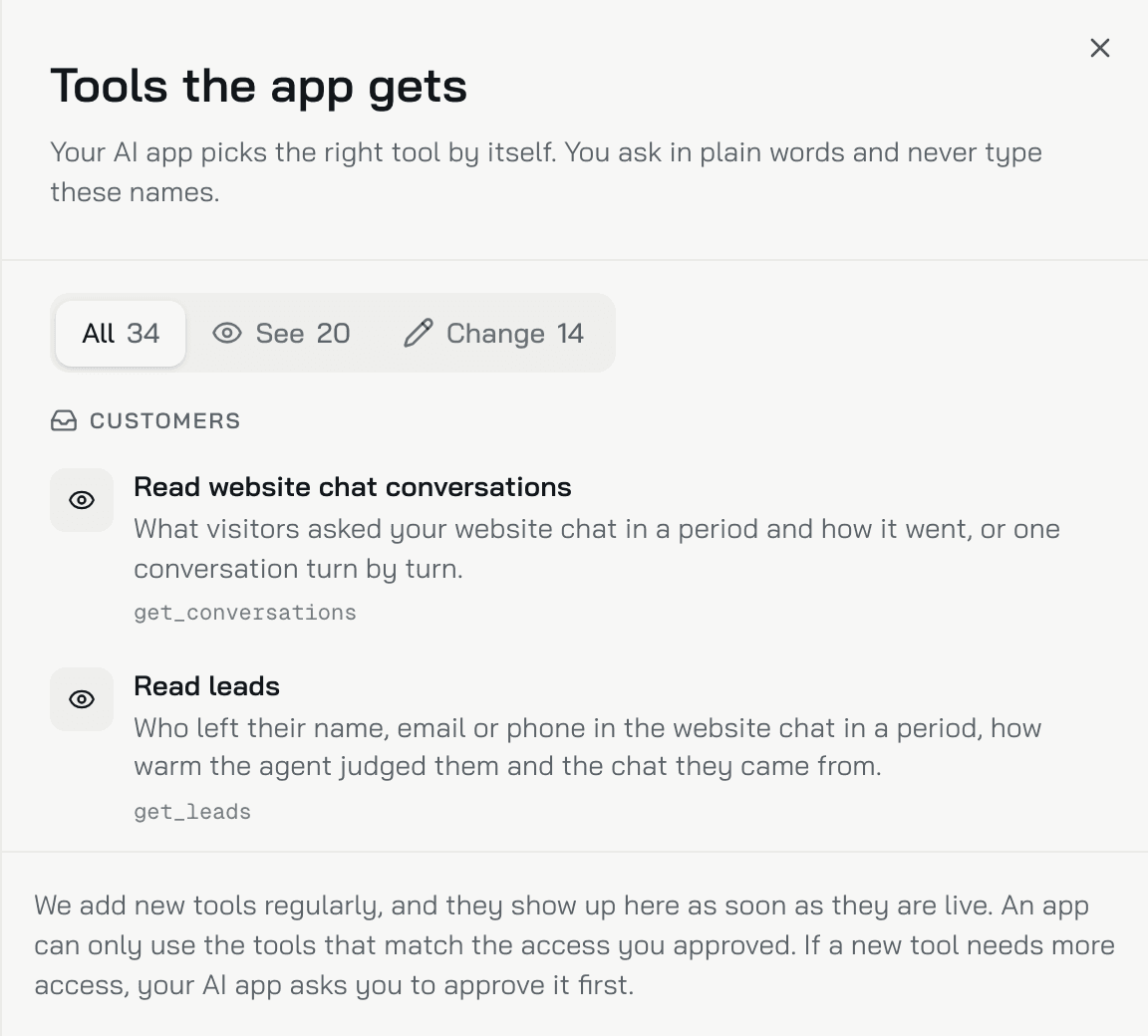 Tools the app gets: the All 34, See 20 and Change 14 tabs above the first tools of the Customers group