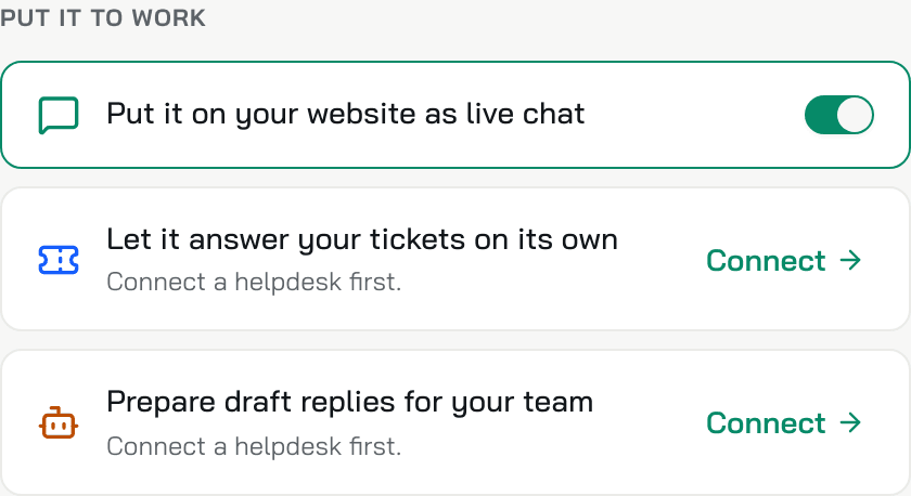 The Put it to work list: live chat switched on, tickets and draft replies waiting for a help desk