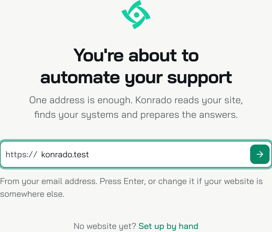 The setup screen asking for your website: the address field with the arrow button, and the Set up by hand link