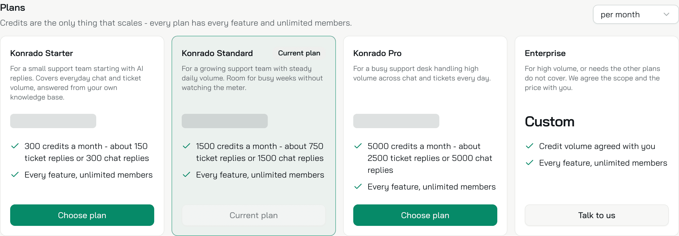 The Plans section: Starter, Standard as the current plan, Pro, and Enterprise with Talk to us. The prices are hidden in this picture