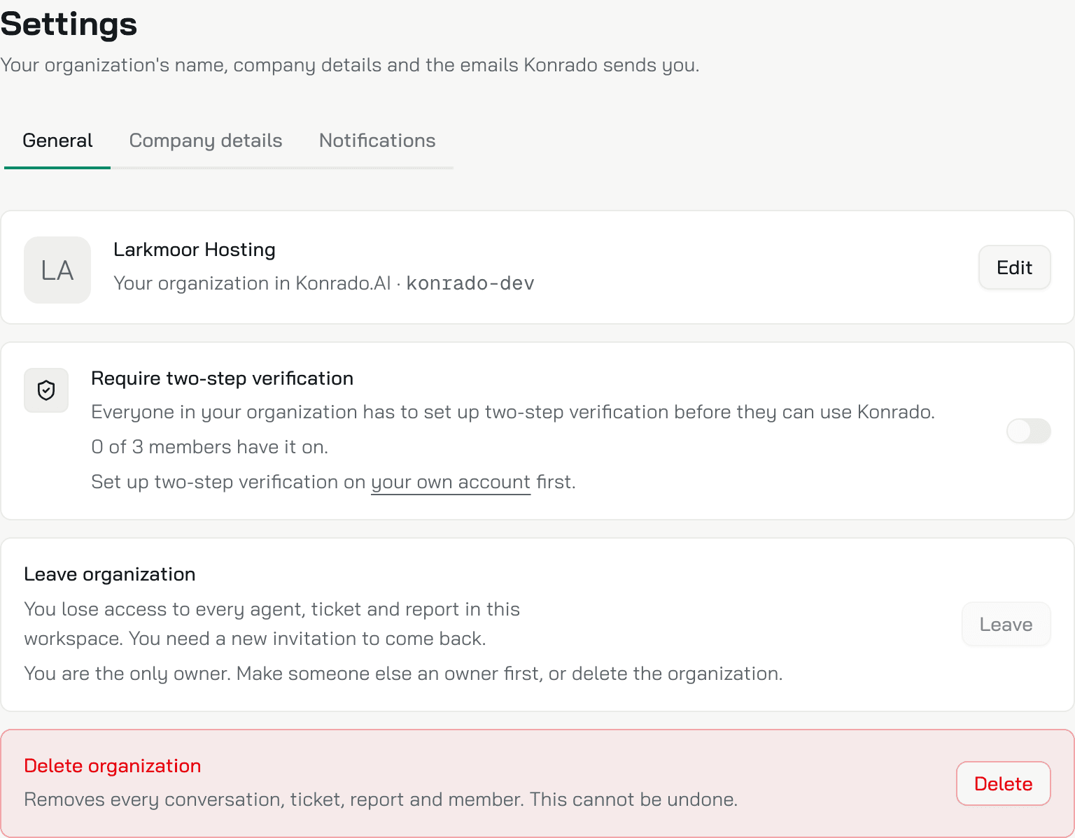 The General tab: the organization's name with Edit, the Require two-step verification switch, Leave organization and Delete organization