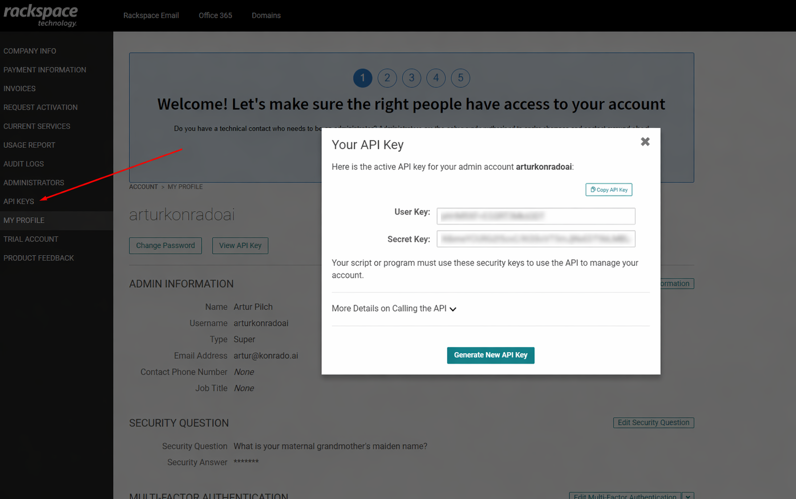 Rackspace API key modal showing user key and secret key