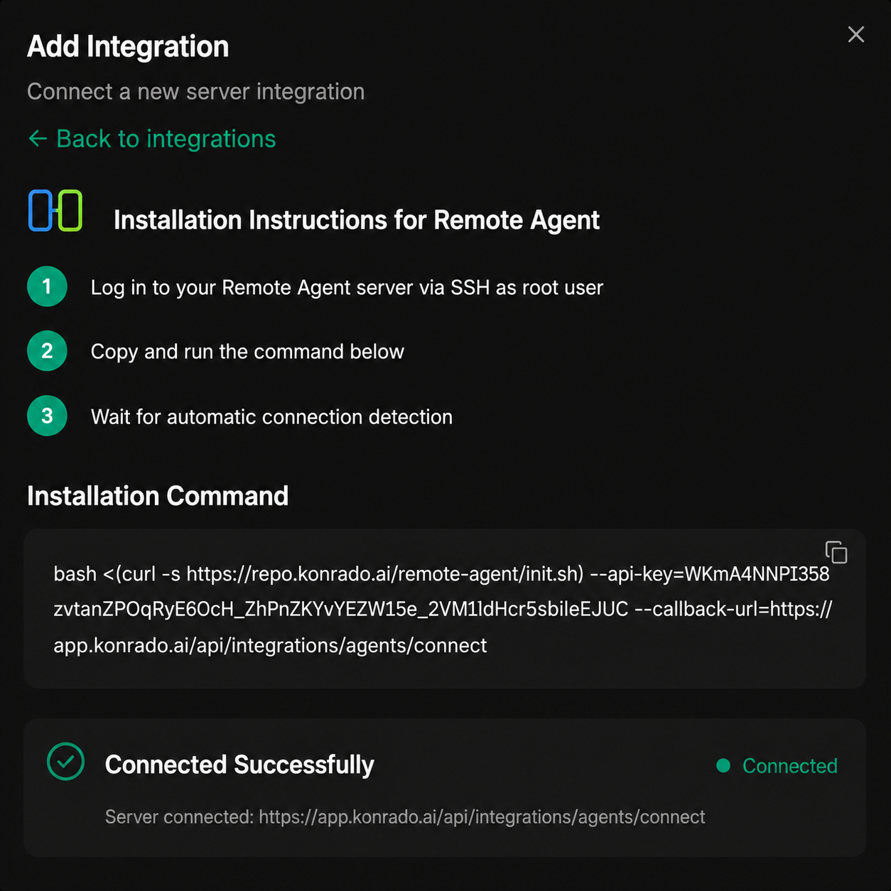 Remote Agent installation modal showing a successful connection