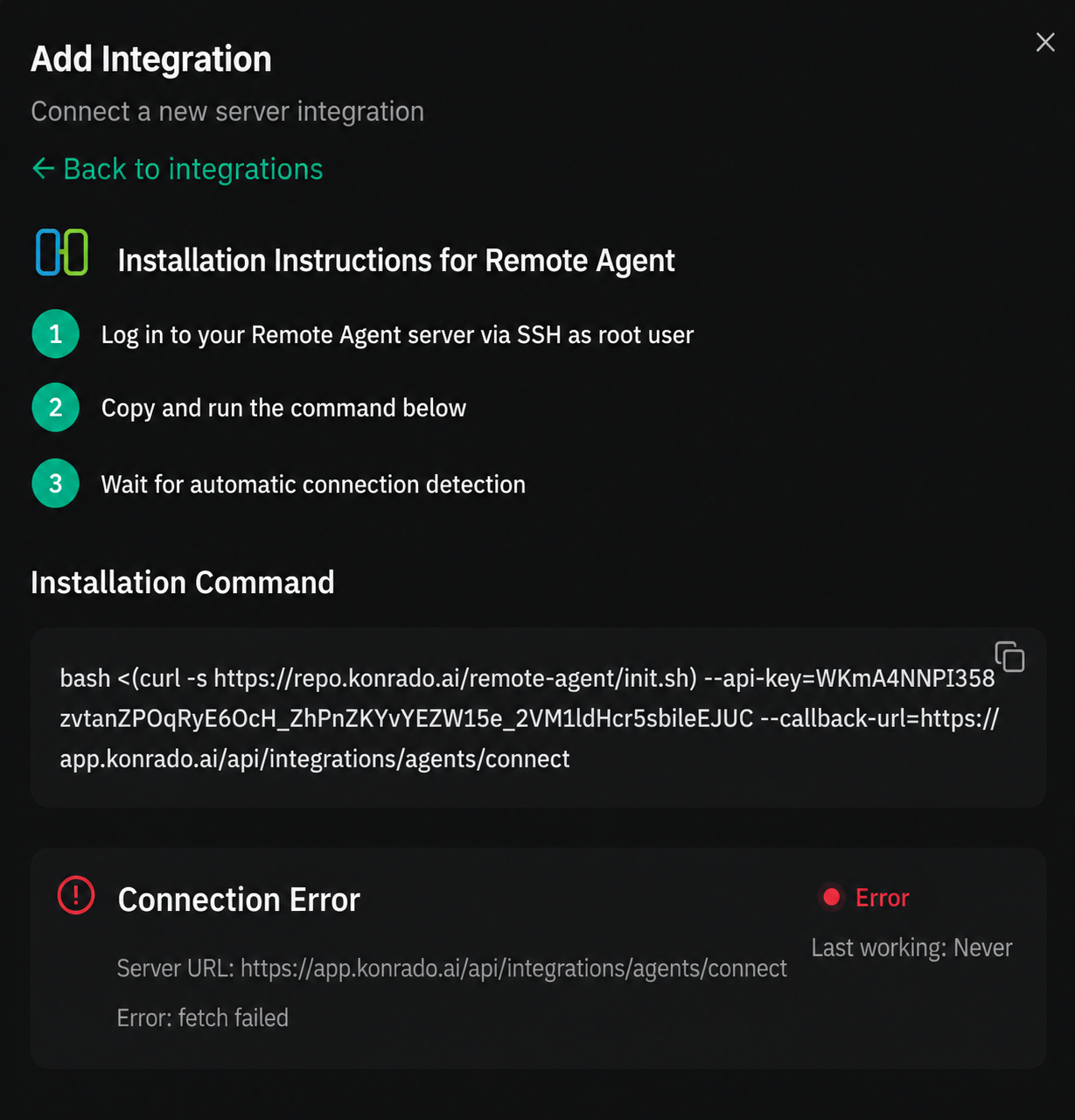 Remote Agent installation modal showing a connection error