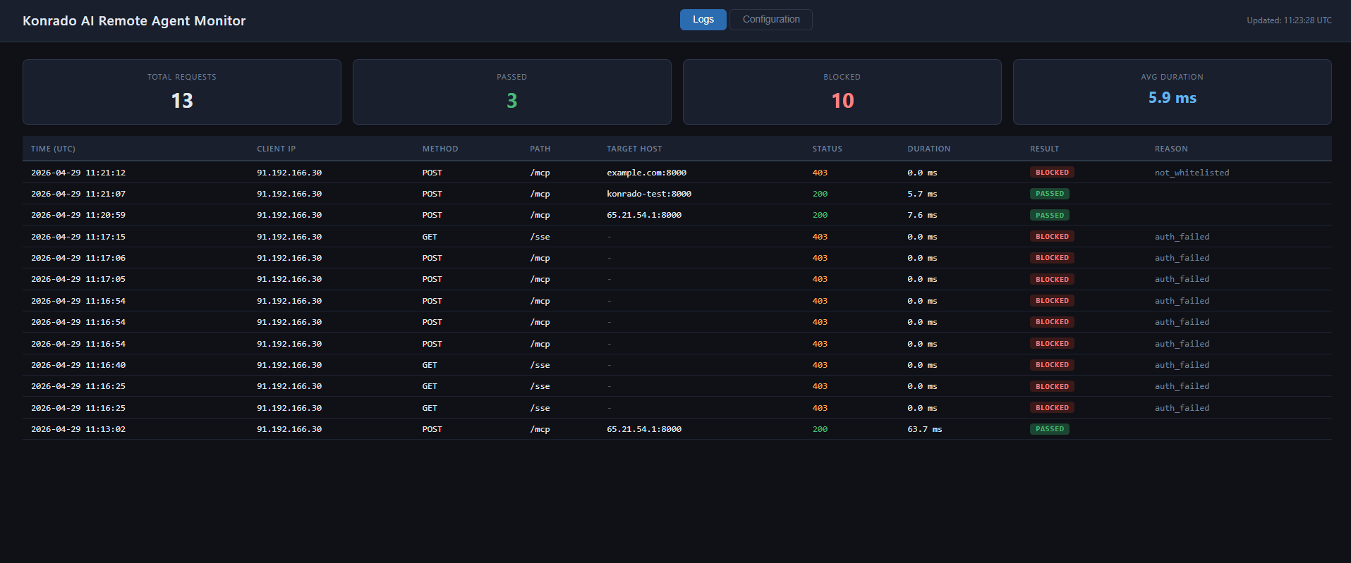 Remote Agent dashboard logs tab