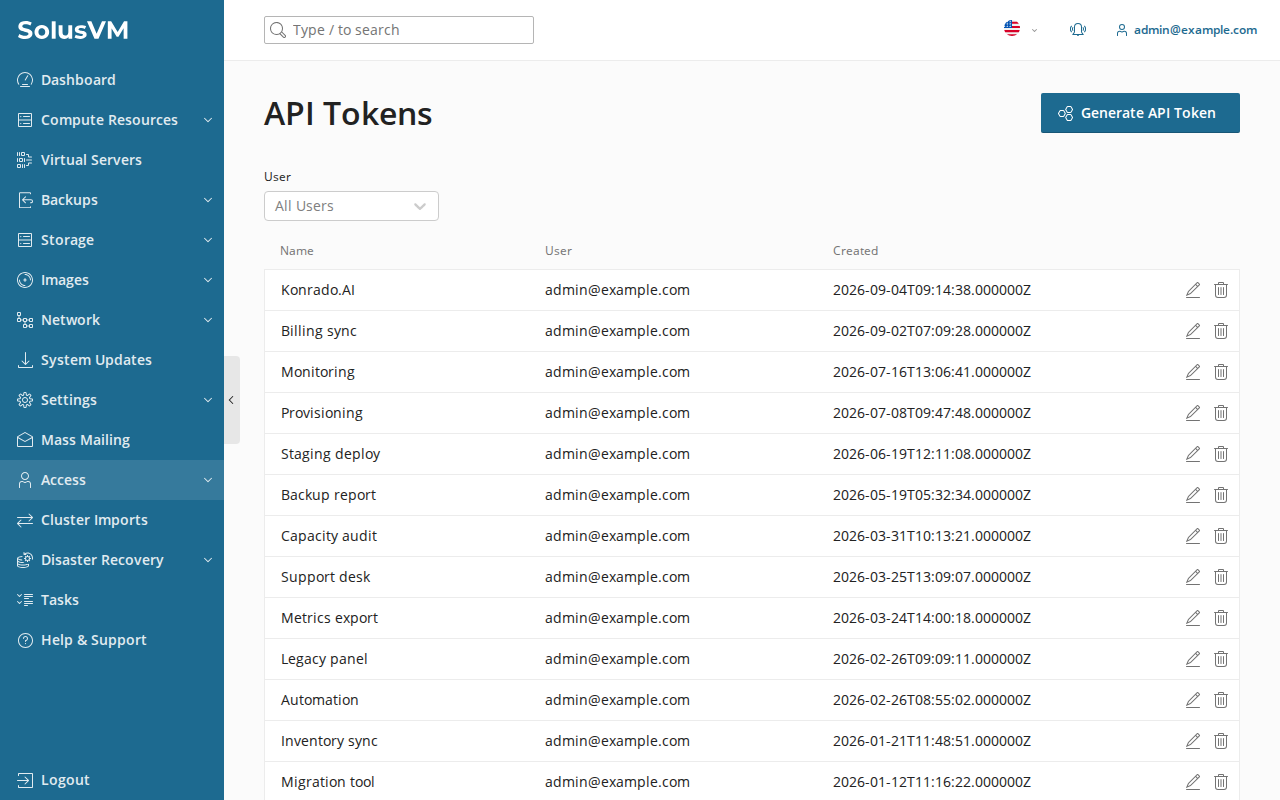 Panel administracyjny SolusVM 2 z listą API Tokens w sekcji Access