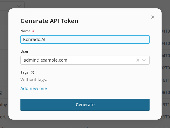 Okno Generate API Token w SolusVM 2 z nazwą, użytkownikiem i przyciskiem Generate