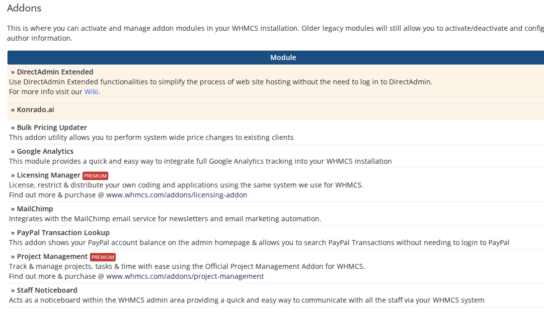 The WHMCS Addon Modules list with Konrado.ai in it