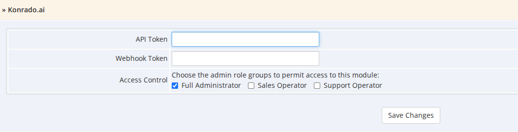 The Konrado.ai addon settings in WHMCS: the API Token and Webhook Token fields and the admin roles