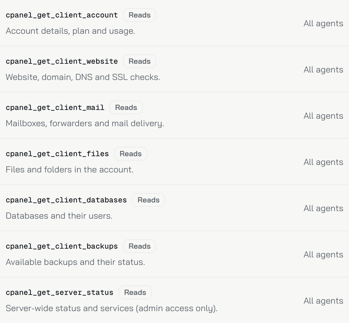 Zakładka Narzędzia podłączonego serwera cPanel: siedem zapytań tylko do odczytu, od cpanel_get_client_account do cpanel_get_server_status, każde oznaczone jako odczyt