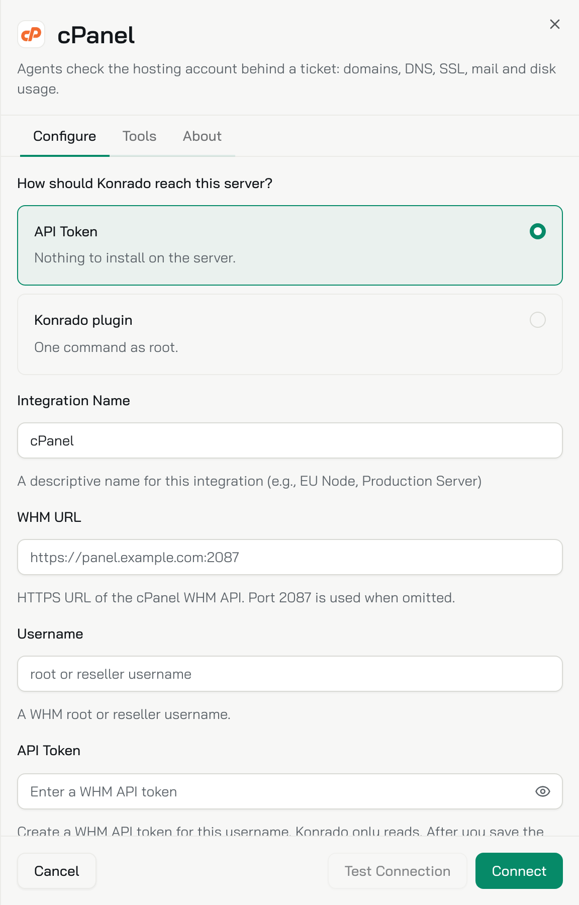 Okno cPanel: Token API wybrany zamiast Wtyczki Konrado, a pod nim pola Nazwa integracji, Adres WHM, Nazwa użytkownika i Token API